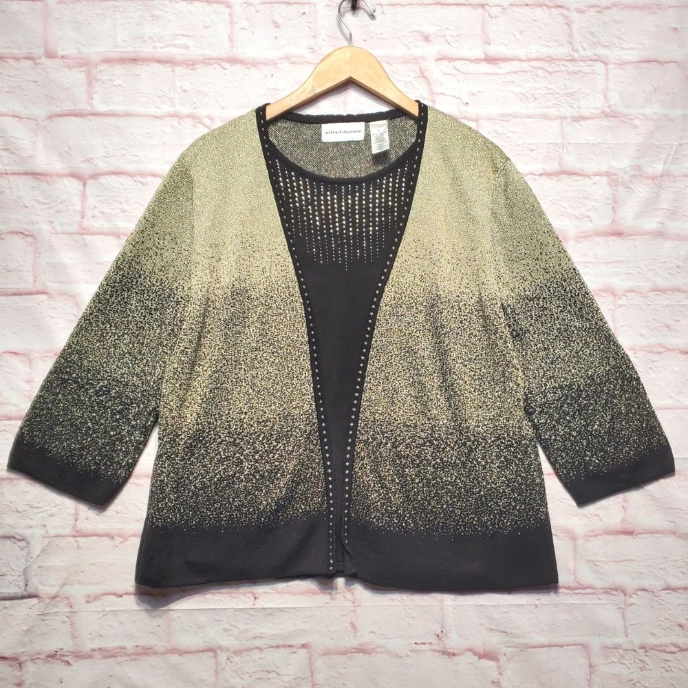 Alfred Dunner 2-in-1 Cardigan Set Womens L Black Gold Metallic Ombre Sparkle